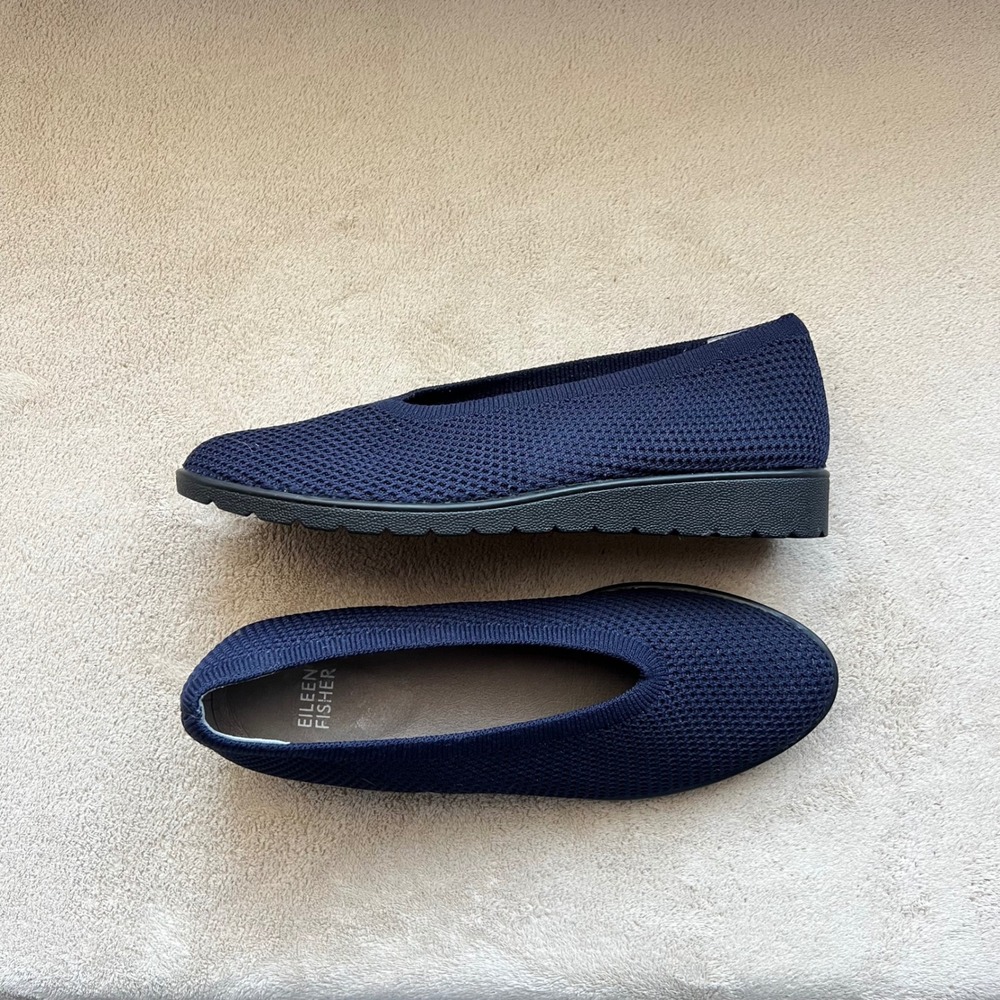 Eileen Fisher Women 7 Navy Blue Stretch Knit Mesh Ballet Flats Slip On Shoe‎